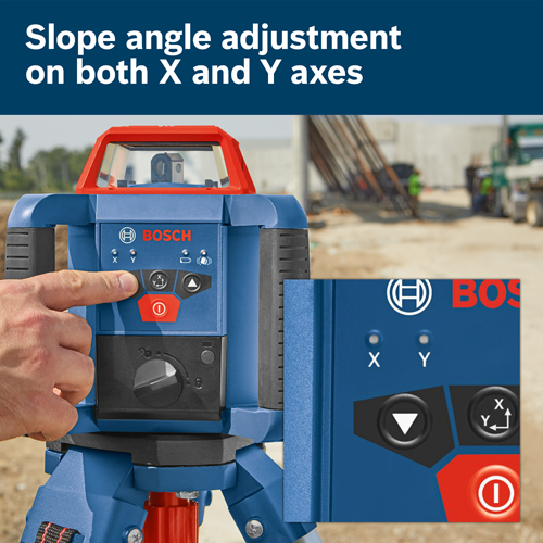 Bosch level with "Slope angle adjustment on both X and Y axes" text, buttons with X and Y indicators, and an on/off button.