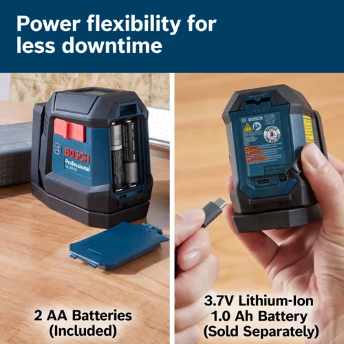 Bosch GLL50-20 Professional, with 'ON' and 'OFF' buttons, and '2 AA Batteries (Included)'. Shows a hand holding a charger and a '3.7V Lithium-Ion 1.0 Ah Battery (Sold Separately)'.