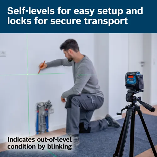 Bosch GLL50-20G level with green laser lines, on a tripod, indicates out-of-level condition by blinking; a person is drawing on a wall.