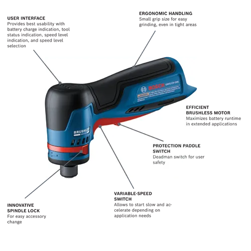 Bosch GWG12V-20S cordless grinder with ergonomic handling, user interface with battery charge, tool status, speed level indication, efficient brushless motor, protection paddle switch, variable-speed switch, and innovative spindle lock.