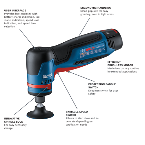 Bosch GWG12V-20S cordless angle grinder with user interface, ergonomic handling, efficient brushless motor, protection paddle switch, variable-speed switch and innovative spindle lock.