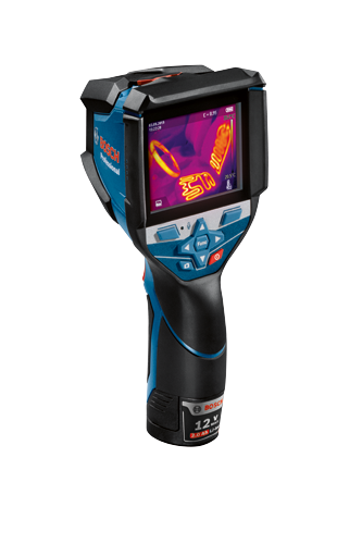 Bosch Professional thermal camera, displaying a thermal image on screen, date 03.09.2019, time 15:22:20, and 12 V MAX 2.0 Ah Li-ion battery.