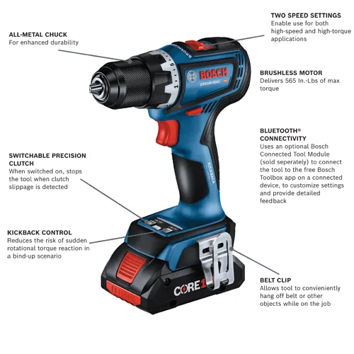 Bosch GSR18V-800C HD cordless drill with features including ALL-METAL CHUCK, SWITCHABLE PRECISION CLUTCH, KICKBACK CONTROL, BLUETOOTH® CONNECTIVITY, and BELT CLIP.