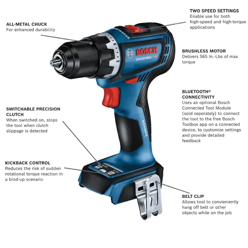 Bosch GSR18V-800C HD cordless drill with features including an all-metal chuck, two-speed settings, brushless motor delivering 565 In.-Lbs max torque, switchable precision clutch, kickback control, Bluetooth connectivity, and belt clip.