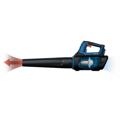 Bosch TURBO brushless blower, with red and blue accents, showing the airflow.