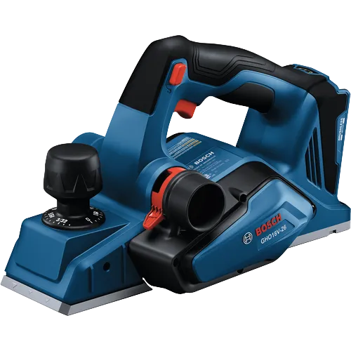 Bosch GHO18V-26 planer with red buttons and adjustment dial, "BRUSHLESS MOTOR".