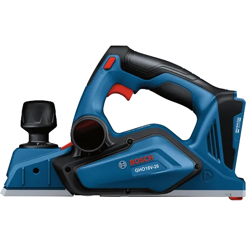 Bosch GHO18V-26 cordless planer, with "BRUSHLESS MOTOR" text.