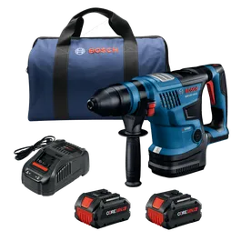 Bosch GBH18V-34CQ hammer drill kit, CORE18V 8Ah batteries, charger and bag.