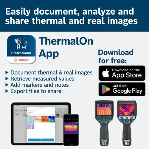 Bosch ThermalOn App advertisement: Download for free. Includes thermal imaging app, and thermal cameras with "12 V MAX" and "2.0 Ah Li-Ion" batteries. Also, shows download links for the App Store and Google Play.