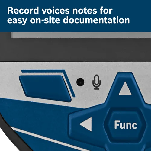Record voices notes for easy on-site documentation, with microphone icon, directional buttons, and "Func" button.