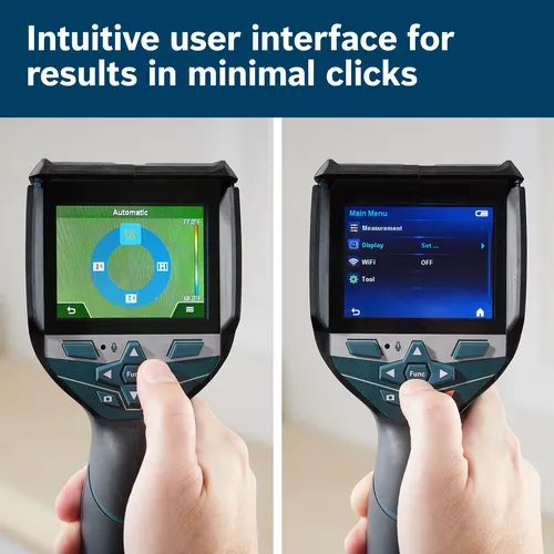 "Intuitive user interface for results in minimal clicks." Two hands holding what appears to be a thermal imaging camera, displaying screens with different settings, including "Automatic", "Main Menu", "Display", and "WiFi".