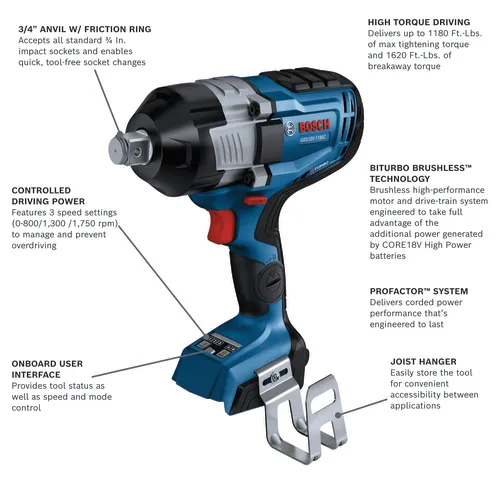 Bosch GDS18V-1180C impact wrench with 3/4" anvil, featuring Biturbo Brushless technology, delivering up to 1180 Ft.-Lbs. of max tightening torque.