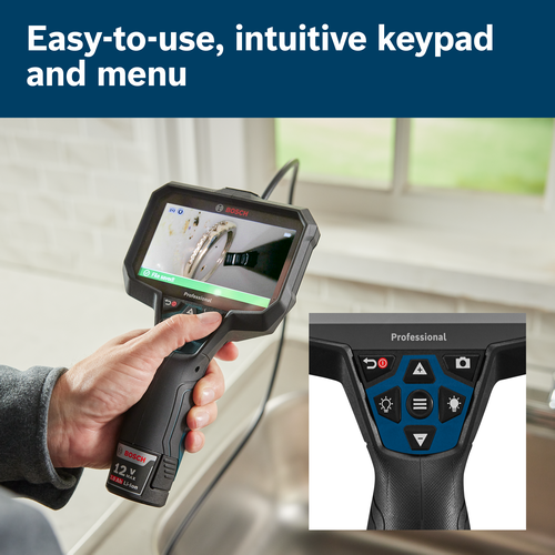 Bosch 12 V MAX 2.0 Ah Li-Ion Professional inspection camera being held by a person.