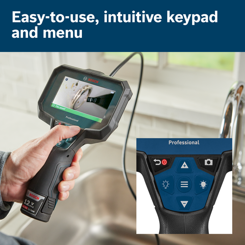 Bosch inspection camera with a keypad featuring a power button, plus, minus, camera, and light icons. The camera displays a ring inside a sink, and the battery shows 12 V MAX 2.0 Ah Li-Ion.