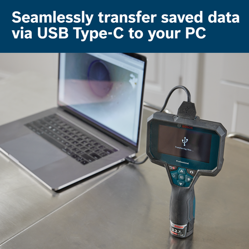 Bosch device connected to laptop via USB Type-C transferring files.