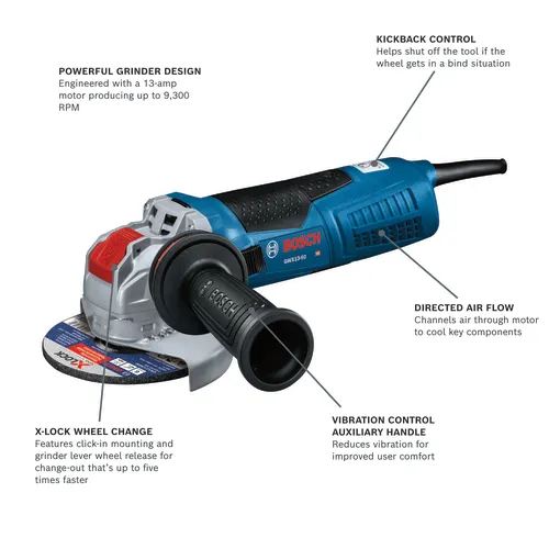Bosch GWX13-60 HD grinder, with X-LOCK wheel change, vibration control auxiliary handle, and Kickback Control.