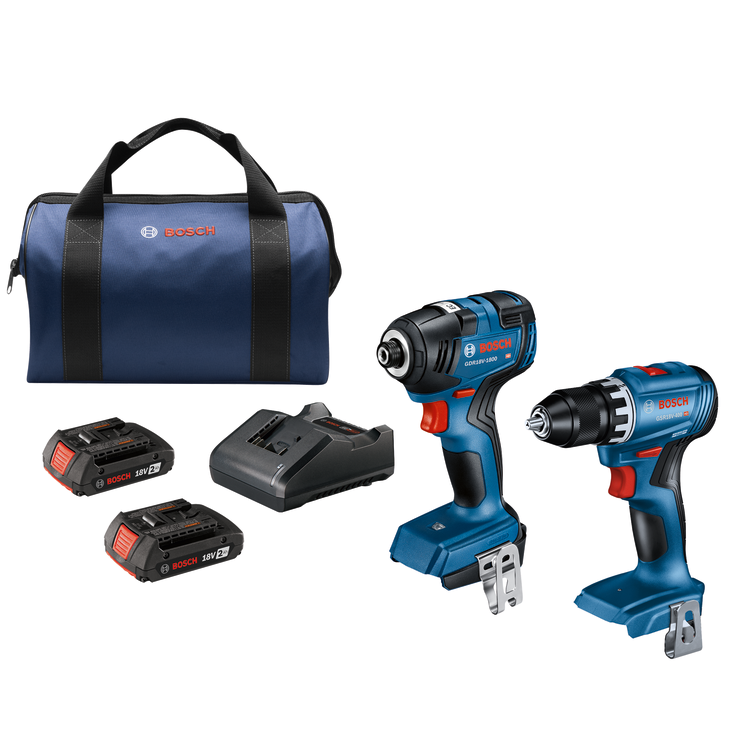 Bosch GDR18V-1800 HD and GSR18V-400 HD impact driver and drill, batteries, charger, and a carrying bag.