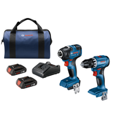 Bosch GDR18V-1800 HD and GSR18V-400 HD impact driver and drill, batteries, charger, and a carrying bag.