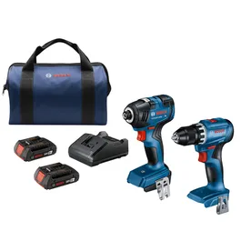 Bosch GDR18V-1800 HD and GSR18V-400 HD impact driver and drill, batteries, charger, and a carrying bag.