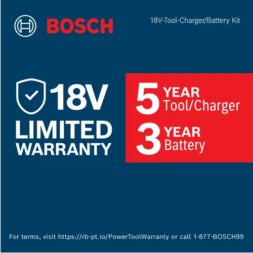 Bosch 18V-Tool-Charger/Battery Kit, with a 5 Year Tool/Charger, 3 Year Battery Limited Warranty. For terms, visit https://rb-pt.io/PowerToolWarranty or call 1-877-BOSCH99.