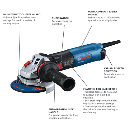 Bosch GWS14-50B angle grinder, features adjustable tool-free guard, slide switch, anti-vibration side handle, variable speed selection, and ultra compact 13-amp motor delivering up to 11,500 no-load rpm.