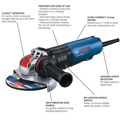 Bosch GWX14-60PBD angle grinder with X-LOCK Interface, Anti-Vibration side handle, Variable-Speed selection, and No Lock-On Paddle Switch. Features KickBack Control, Soft start, and Overload protection.