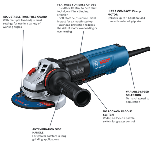 Bosch GWS14-50PBD variable speed angle grinder with adjustable tool-free guard, KickBack Control, ultra compact 13-amp motor, and no lock-on paddle switch.