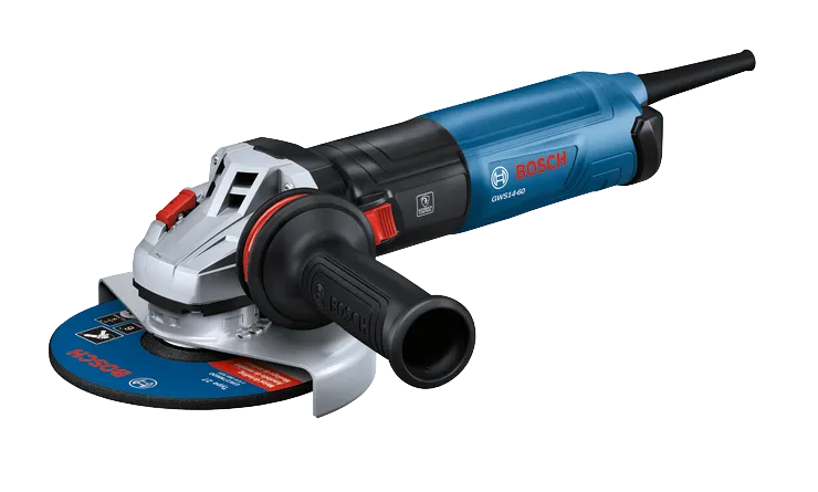 Bosch GWS14-60 angle grinder with a blue and black finish, a disc that says “BOSCH”, “Type 27”, “Metal Grinding”, and “150mm”.