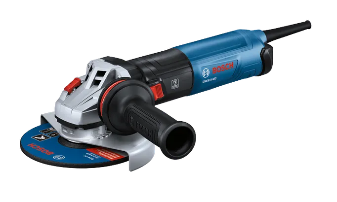 Bosch GWS14-60 angle grinder with a blue and black finish, a disc that says “BOSCH”, “Type 27”, “Metal Grinding”, and “150mm”.