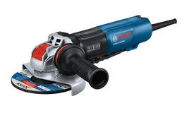 Bosch GWX14-60PBD angle grinder with Kickback Control, Drop Control, and Brake System features.