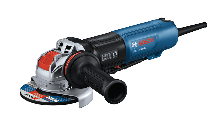 Bosch GWX14-50PBD angle grinder with kickback control, drop control, and brake system.