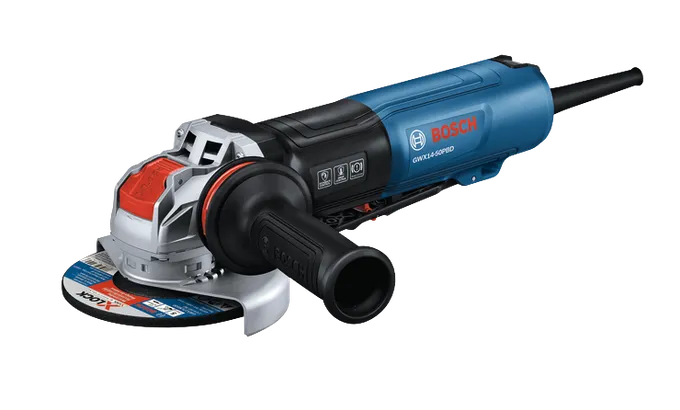 Bosch GWX14-50PBD angle grinder with kickback control, drop control, and brake system.