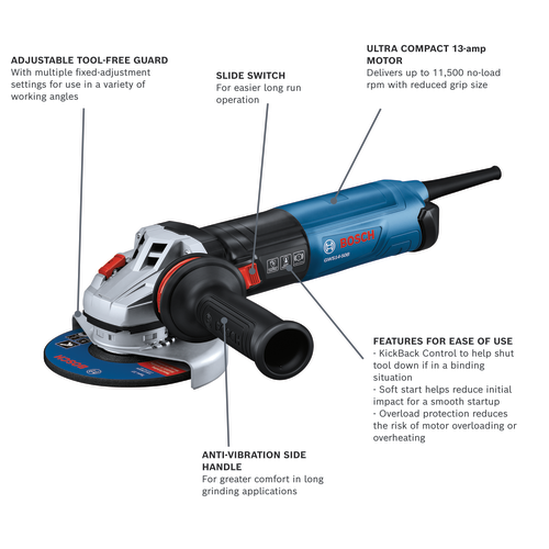 Bosch GWS14-50B angle grinder, with adjustable tool-free guard, slide switch, ultra compact 13-amp motor, anti-vibration side handle, and features for ease of use.