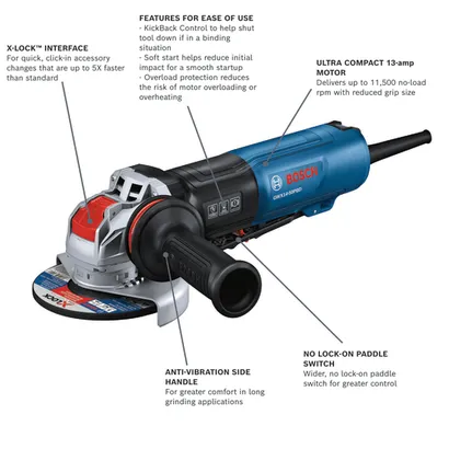 Bosch GWX14-50PBD grinder, X-LOCK interface, 13-amp motor, KickBack Control, and anti-vibration side handle.