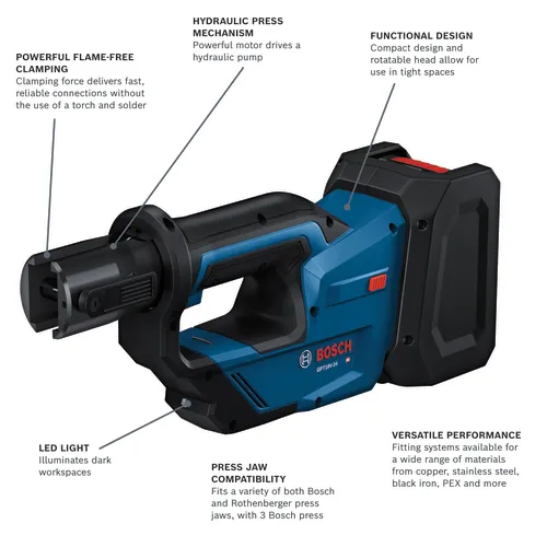 Bosch GPT18V-24 HD press tool with powerful flame-free clamping, hydraulic press mechanism, functional design, LED light, press jaw compatibility, and versatile performance.