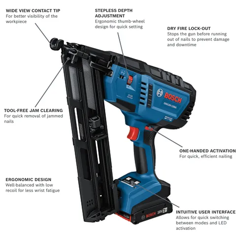 Bosch GNH18V-15MA 15 GA finish nailer, with wide view contact tip, stepless depth adjustment, dry fire lock-out, tool-free jam clearing, ergonomic design, one-handed activation, and intuitive user interface.