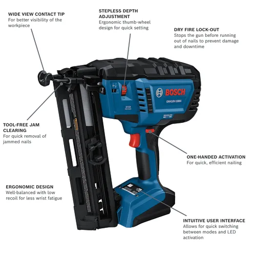 Bosch GNH18V-16MA 16 GA finish nailer, with features like wide view contact tip, stepless depth adjustment, dry fire lock-out, tool-free jam clearing, ergonomic design, one-handed activation, and intuitive user interface.
