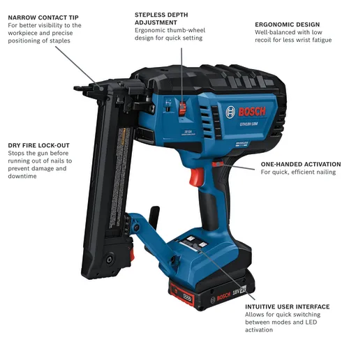 Bosch GTH18V-18M 18 GA Narrow Crown Stapler with NARROW CONTACT TIP, STEPLESS DEPTH ADJUSTMENT, ERGONOMIC DESIGN, DRY FIRE LOCK-OUT, ONE-HANDED ACTIVATION, and INTUITIVE USER INTERFACE. Contains a 18V 2Ah battery.