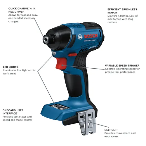 Bosch GDR18V-1950C impact driver with efficient brushless motor, variable speed trigger, LED lights, quick-change 1/4 in. hex driver, onboard user interface, and belt clip.