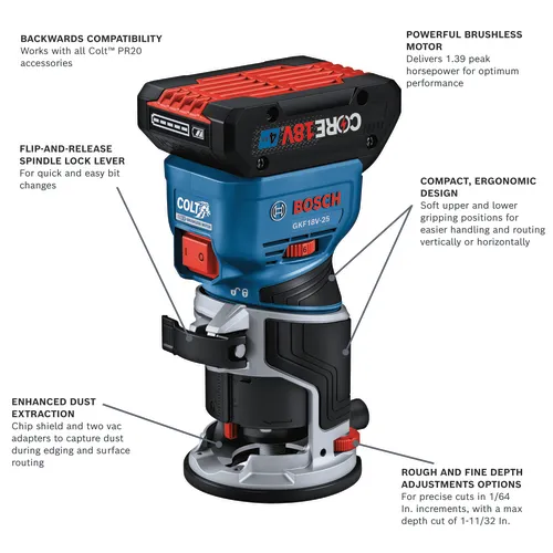 Bosch GKF18V-25 with flip-and-release spindle lock lever, enhanced dust extraction, rough and fine depth adjustments options, and backward compatibility with Colt PR20 accessories.