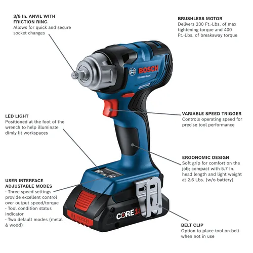 Bosch GDS18V-230C impact wrench, with 3/8 in. anvil, brushless motor, variable speed trigger, LED light, user interface with adjustable modes, ergonomic design and belt clip.