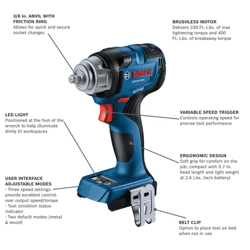 Bosch GDS18V-230C impact wrench with 3/8 in. anvil, brushless motor, variable speed trigger, LED light, ergonomic design, belt clip, and user interface with adjustable modes.
