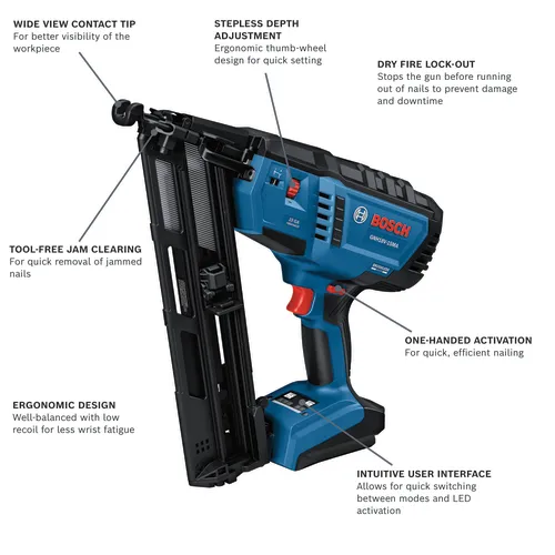 Bosch GNH18V-15MA 15 GA Finish Nailer, with wide view contact tip, tool-free jam clearing, ergonomic design, stepless depth adjustment, dry fire lock-out, one-handed activation, and intuitive user interface.