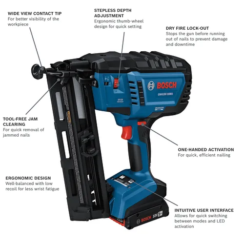 Bosch GNH18V-16MA 16 GA finish nailer, featuring wide view contact tip, stepless depth adjustment, dry fire lock-out, tool-free jam clearing, ergonomic design, one-handed activation, and intuitive user interface.
