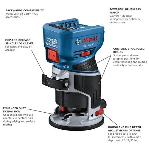 Bosch GKF18V-25 Colt brushless motor router with flip-and-release spindle lock lever and rough and fine depth adjustments options.