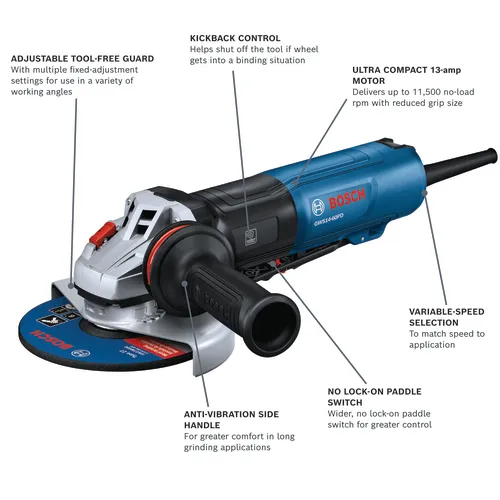 Bosch GWS14-60PD angle grinder with adjustable tool-free guard, kickback control, anti-vibration side handle, and no lock-on paddle switch; features Ultra Compact 13-amp Motor.