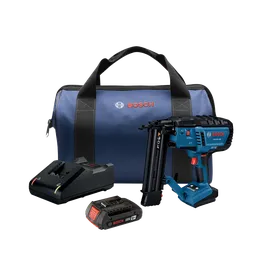 Bosch GNH18V-18M nailer set, including a blue bag with the Bosch logo, a charger, and a battery.