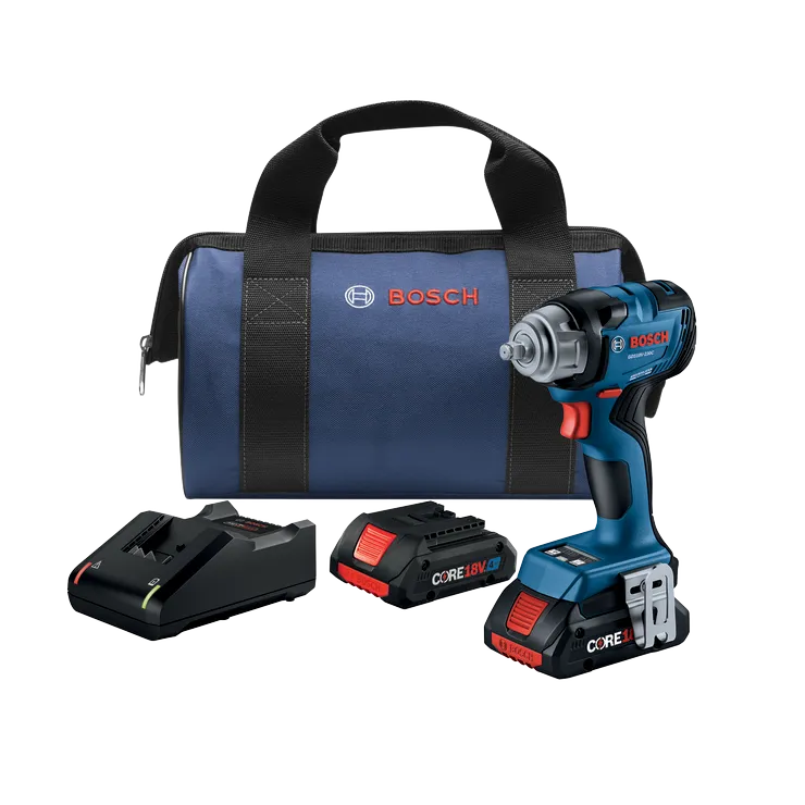 Bosch GDS18V-230C impact wrench, CORE18V 4.0Ah battery, charger, and a blue carry bag.