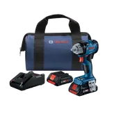 Bosch GDS18V-230C impact wrench, CORE18V 4.0Ah battery, charger, and a blue carry bag.