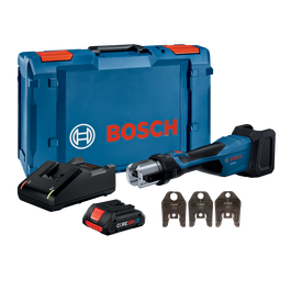 Bosch GPT18V-32 tool kit with charger, CORE18V battery, and CUSS 1", 3/4", 1/2" dies, in case.
